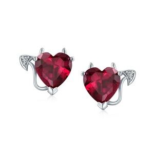 Bling Jewelry Womens .925 Sterling Silver Deep Red CZ Devil Heart Stud Earrings